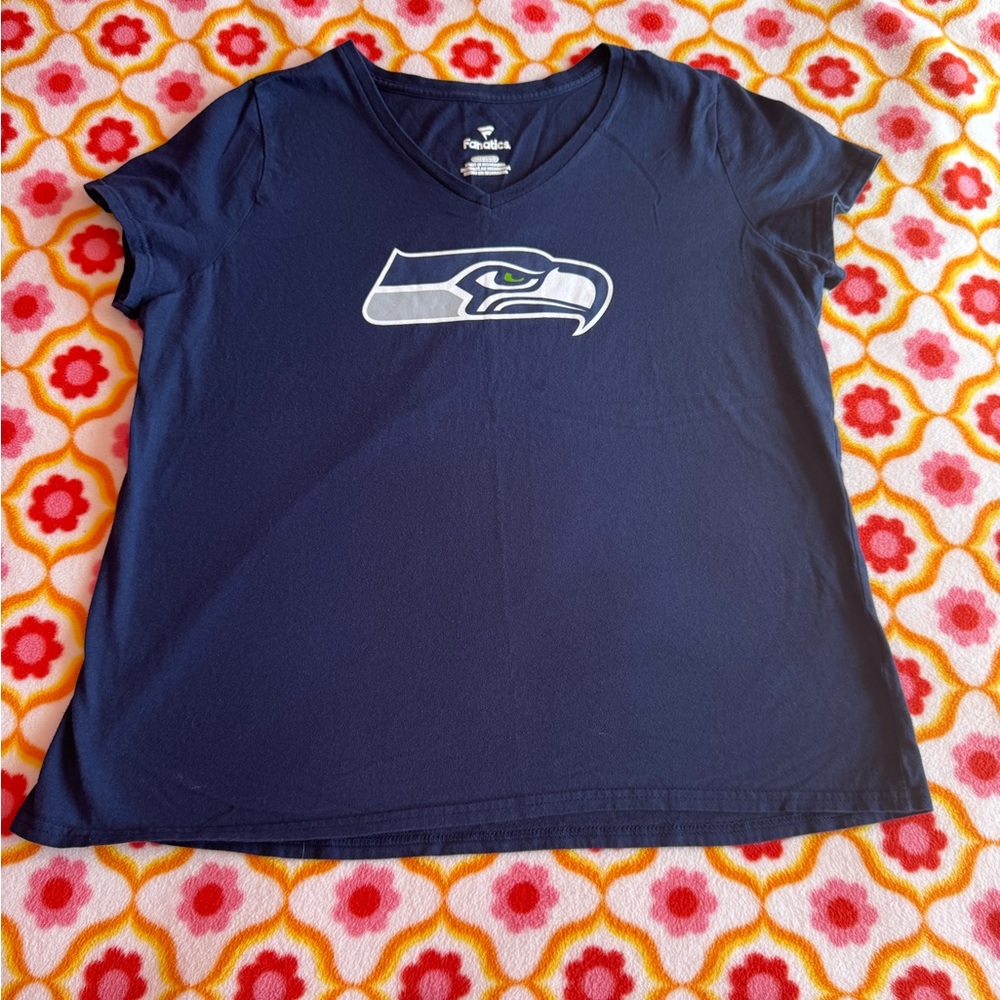 NFL Seahawks Team Logo women’s V neck Navy Blue T-Shirt
